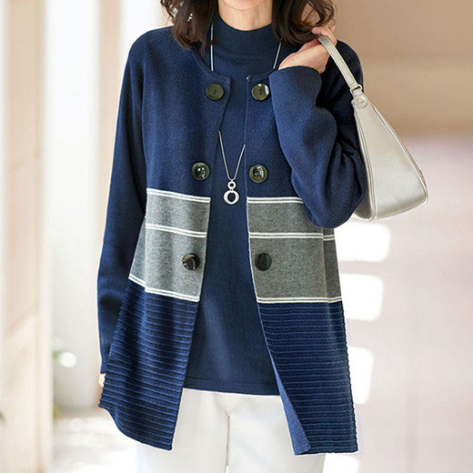 ＊返品交換不可＊ ベルーナ ●アウトレット●ニットアンサンブル M L LL ボタンデザイン配色ニットアンサンブル M～LL  ベルーナ Belluna 40代 50代 60代 レディース ミセス 大人 ファッション 秋冬 ニット アンサンブル 秋服 在庫処分