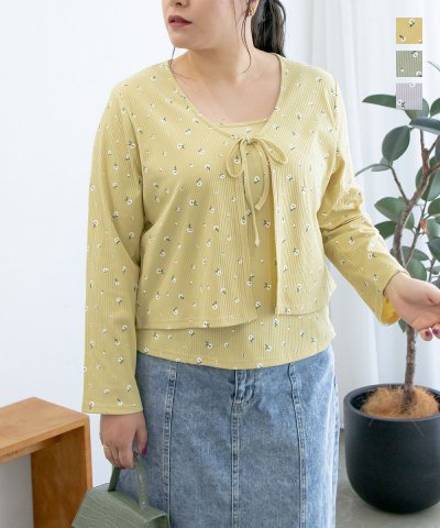 CLETTE オリジナル 花柄 リブ キャミソール カーディガン セット 長袖 秋冬 Vネック トレンド カジュアル 大きいサイズ レディース 大きいサイズ レディース CLETTEオリジナル★花柄リブキャミソール＆カーディガンセット
