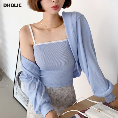 キャミソールとボレロカーディガンのセットアイテム 配色キャミソールボレロカーディガンSET・全3色・b66607 レディース  アンサンブル カーディガン 羽織物 長袖 スリーブレス ノースリーブ キャミソール ボレロ リブ シンプル カジュアル ラフ y2k 春 夏 秋 韓国ファッション