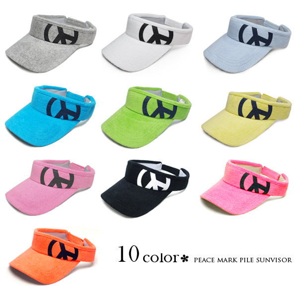 選べる10色展開！コットン100％ピースマークパイル地サンバイザー レディース 女性 帽子 サンバイザー コットン 綿 パイル地 メッシュ ピースマーク スポーツ イエロー グレー グリーン ホワイト ブルー ピンク オレンジ