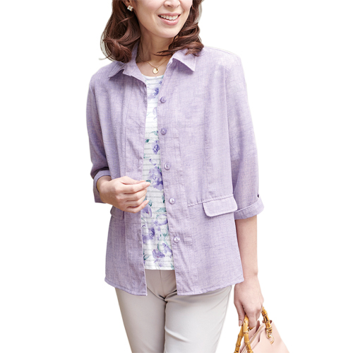 さらっと着れるジャケットアンサンブル（全3色） シャツジャケット プルオーバー レディース 婦人服 ミセス シニア 女性 五分袖 ピンク ブルー パープル シニアファッション 「春夏 さらっと着れるジャケットアンサンブル（全3色） シャツジャケット プルオーバー レディース 婦人服 ミセス シニア 女性 五分袖 ピンク ブルー パープル シニアファッション 50代 60代 70代 80代 ギフト プレゼント 母の日 上品 冷房対策 おしゃれ」 fri p21165