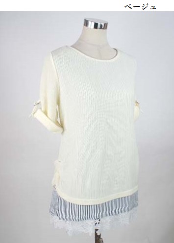 魅力の 登場大人気アイテム 通販商品 OUTLET 裾からレースが可愛いレイヤードスタイル あぜストライプレース重ねアンサンブル 七分袖 M~5L ブネイビー ベージュ ミント 3色 integrateja.eu integrateja.eu