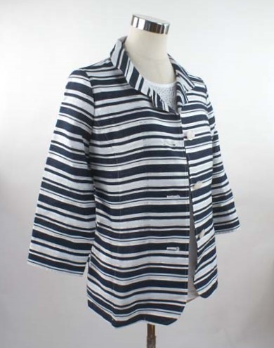 通販商品・Outlet 春夏物入荷！ 2点セット！ 涼やかボーダー ジャケットアンサンブル（M～5L）オフ白×ネイビー